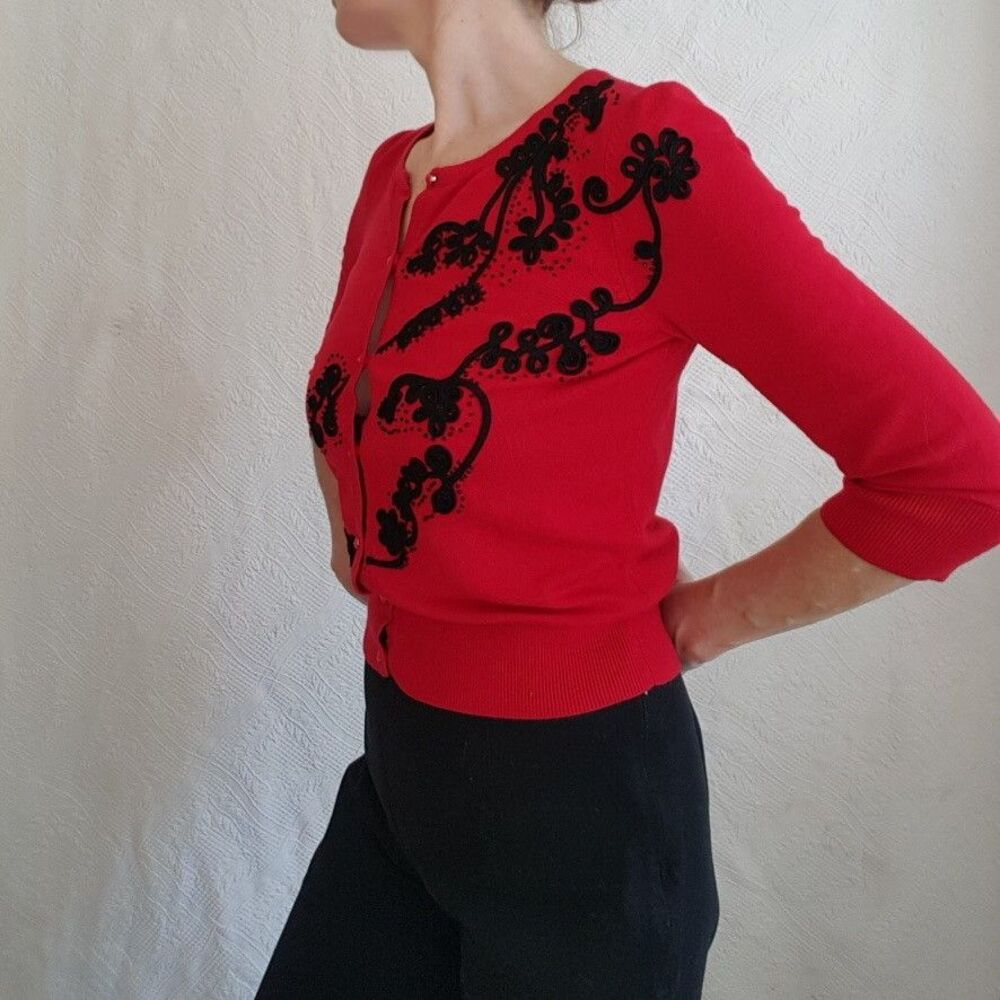 Spence Cardigan Sweater S Petite Red Black Embroidered Gothic Romance Victorian